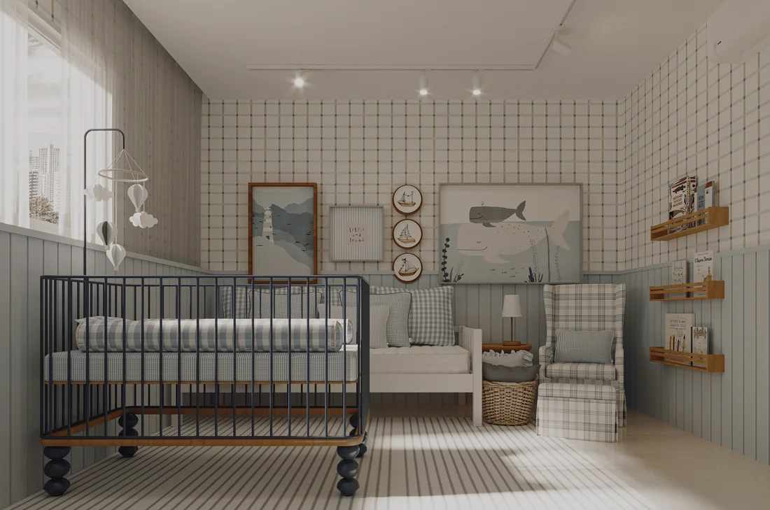Quarto de bebê azul com enxoval vichy da Beni Falcão
