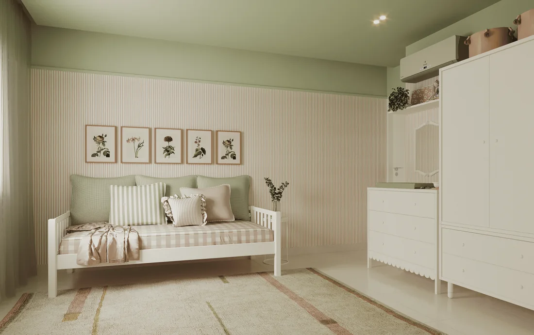 Quarto de bebê em rosa e verde com enxoval da Beni Falcão